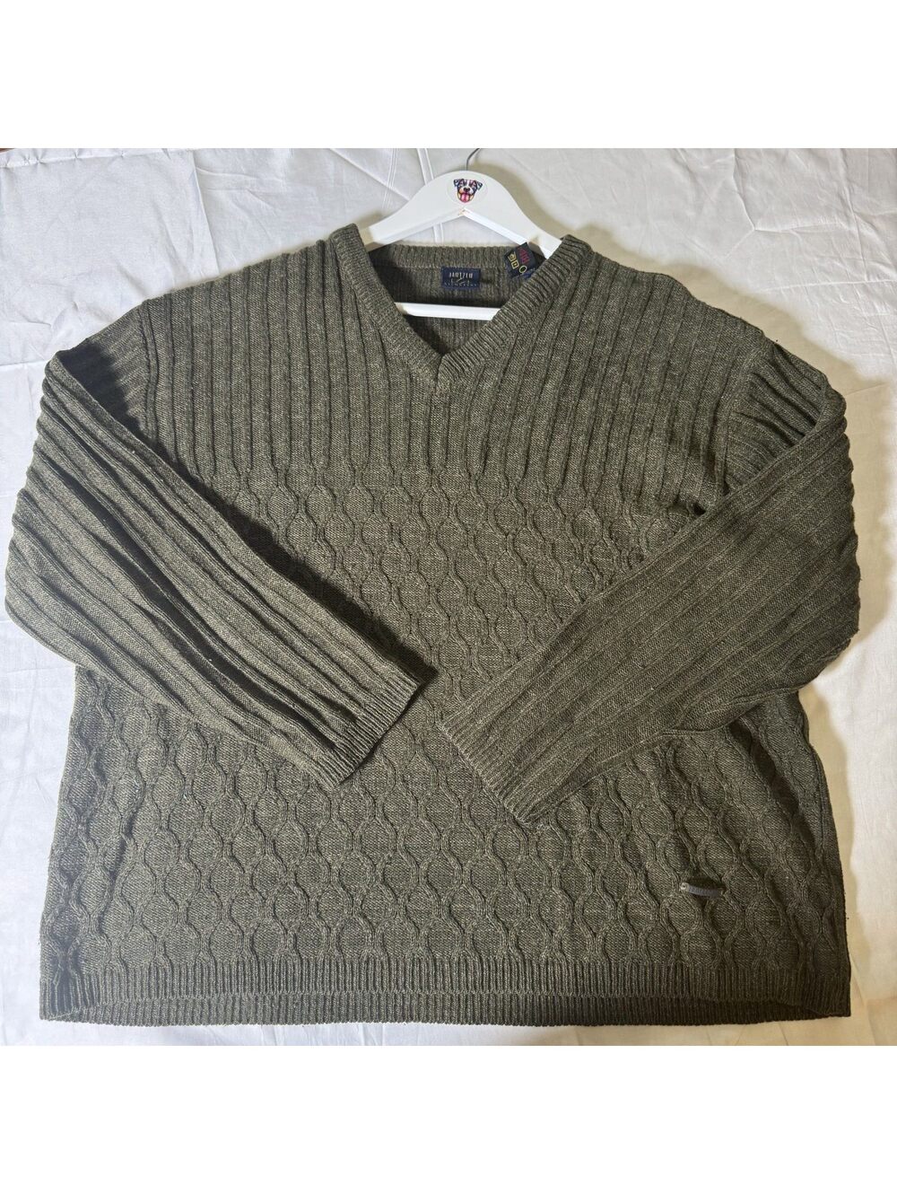 Vintage Jantzen Signature Olive Cable Knit V-Neck Sweater Made In Korea Sz L - Picture 4 of 8
